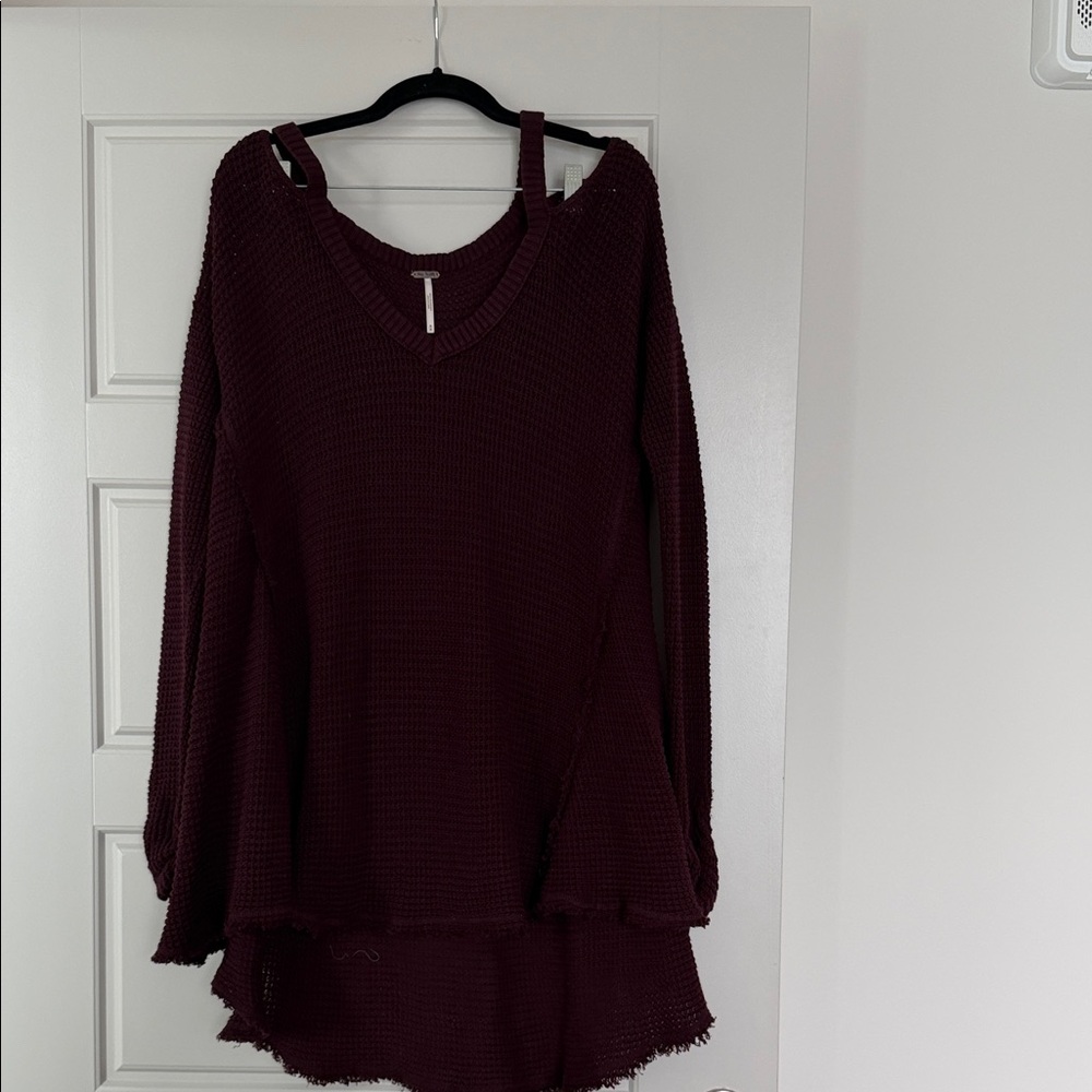 Free People Off-the-Shoulder Waffle Knit Sweater in Deep Wine